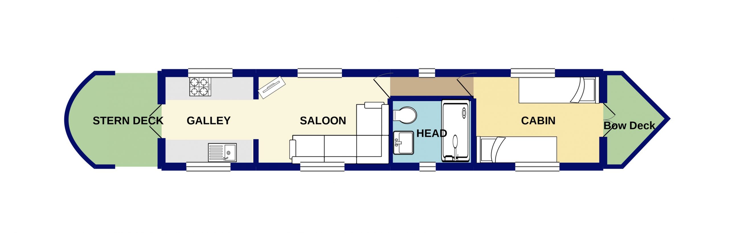 Layout with single beds in main cabin on holiday boater