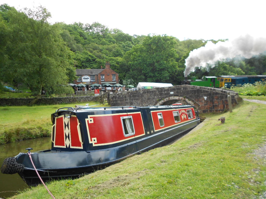 Canal boat and steam train on Caldon Canal