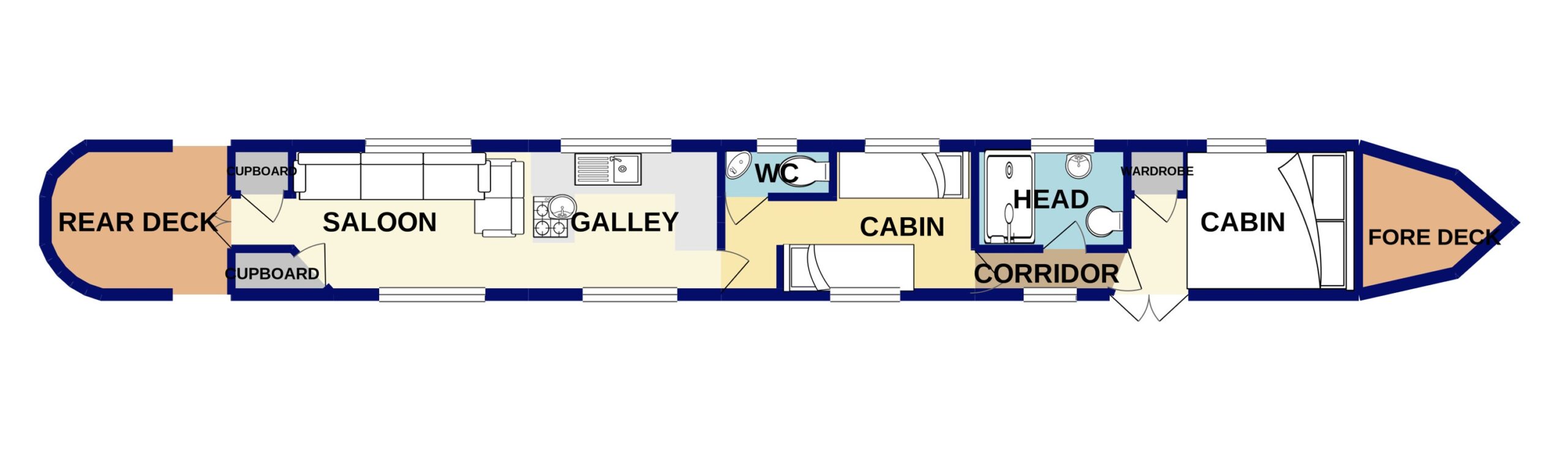 Courageous floorplan - king size and twin cabin narrowboat for holidays